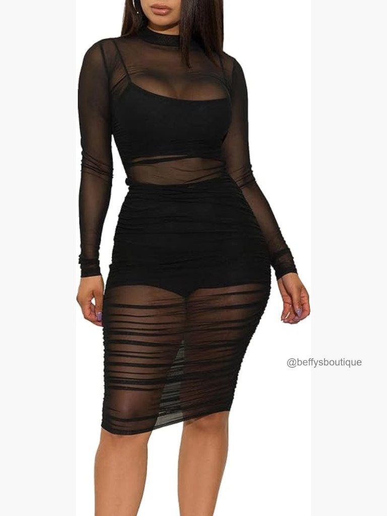 3 Piece Sheer Mesh Dress Set With Cami & Shorts